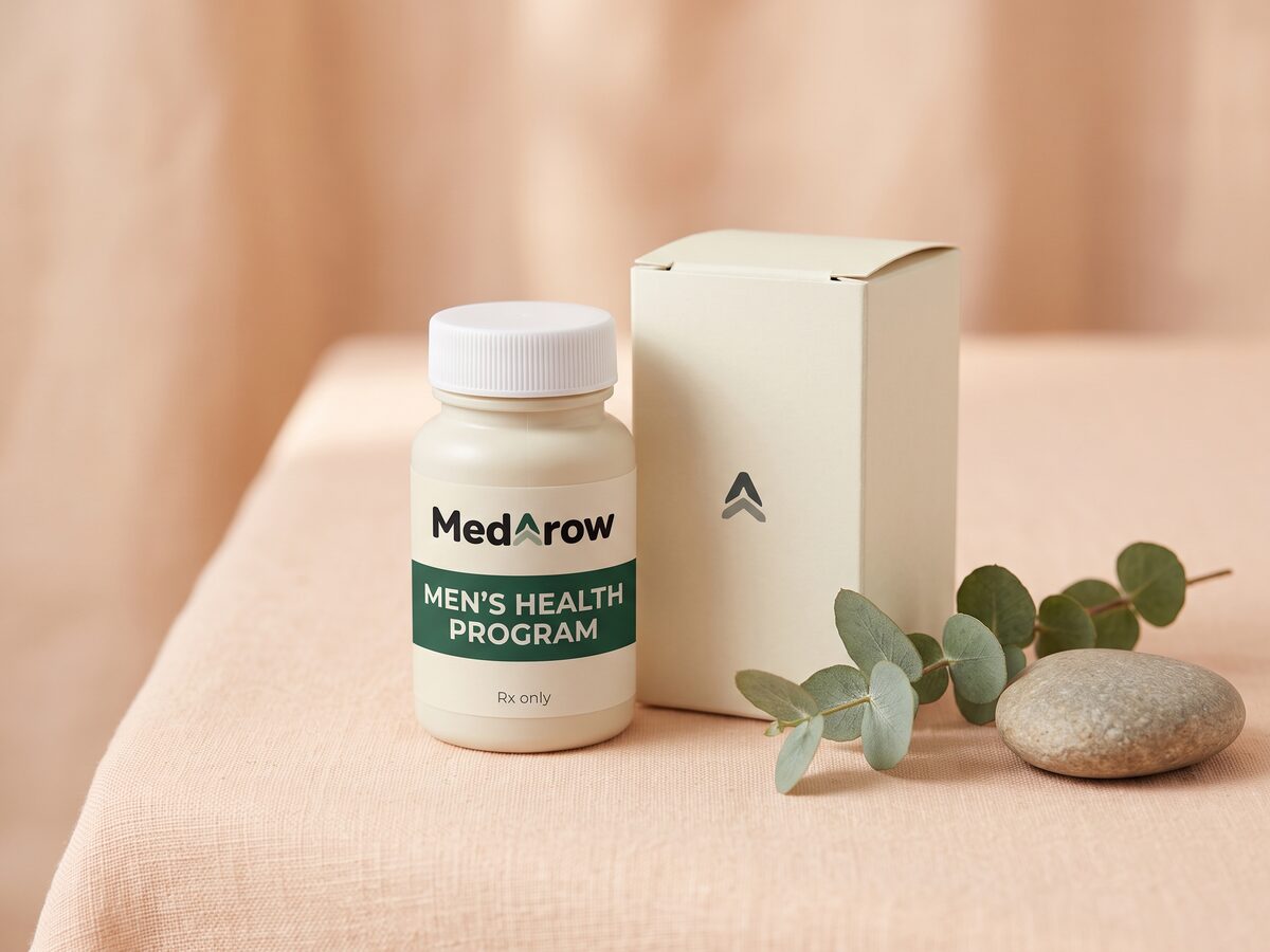 MedArow Men's Health Program bottle beside a discreet mailer box