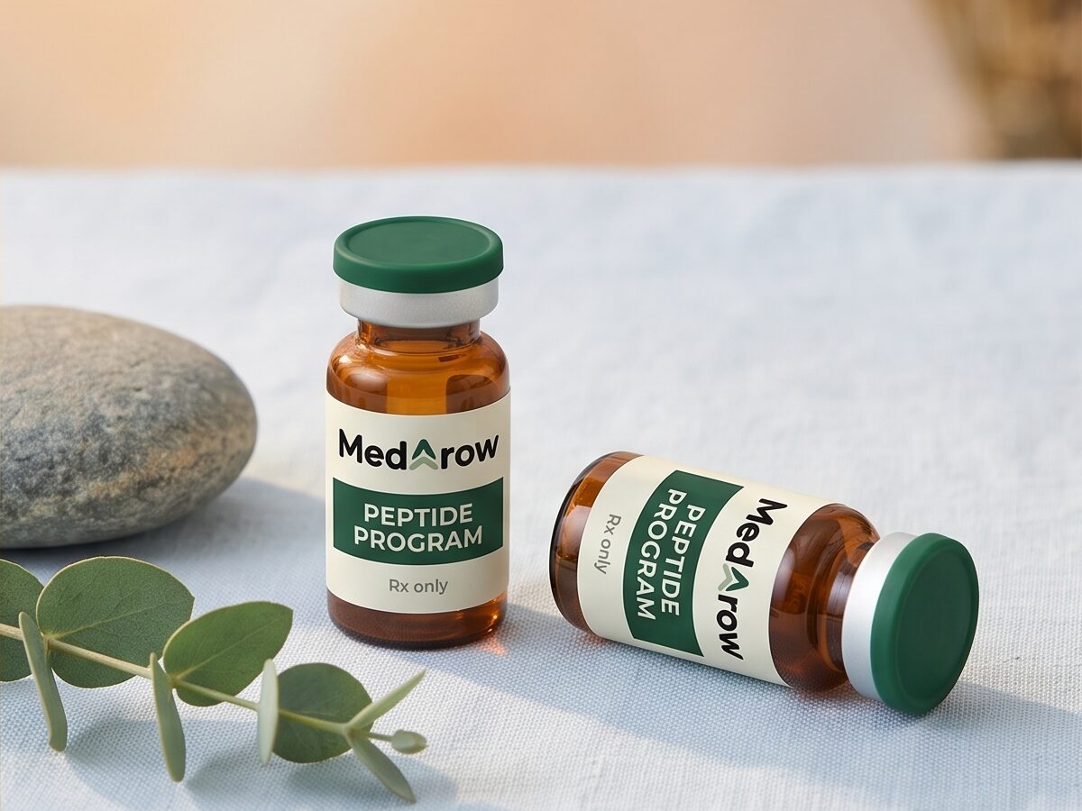 Two MedArow Peptide Program vials with eucalyptus